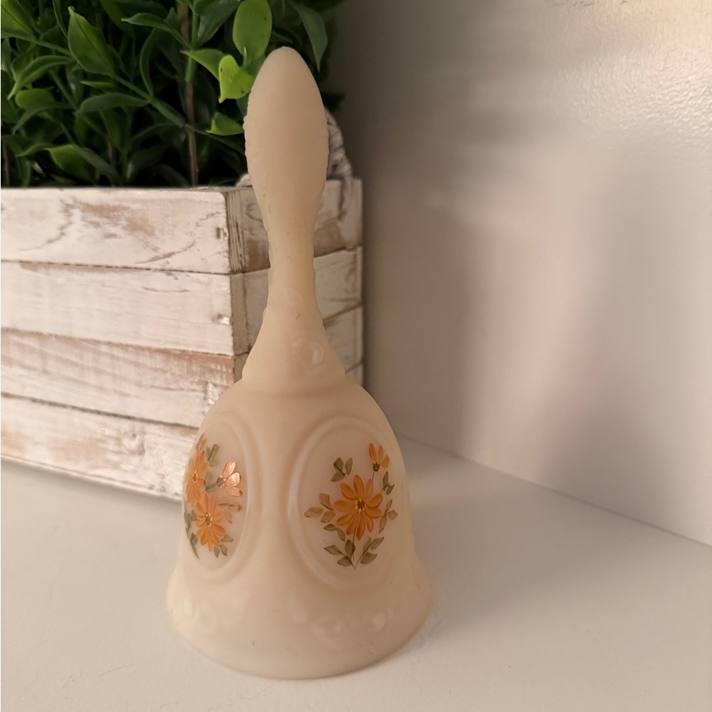 Fenton Custard Satin Glass Bell Floral Hand Painted Signed.